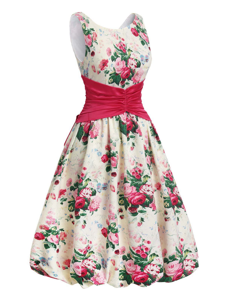 Multicolor 1950er Zurück-Bogen Antike Blumen Kleid