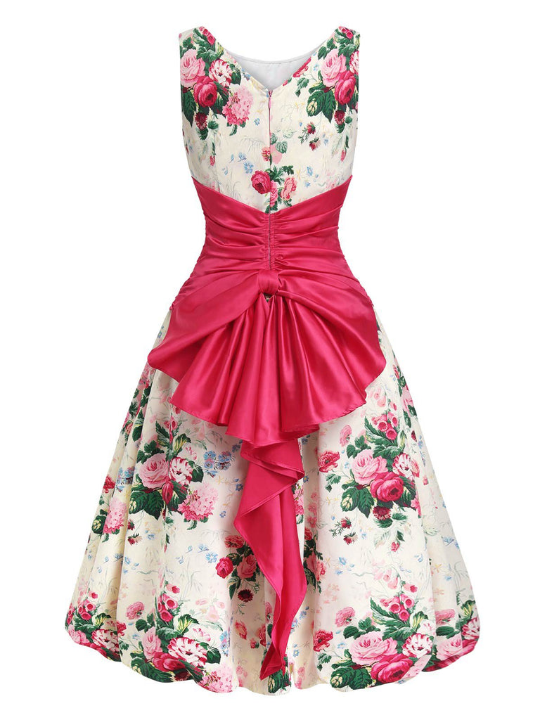 Multicolor 1950er Zurück-Bogen Antike Blumen Kleid