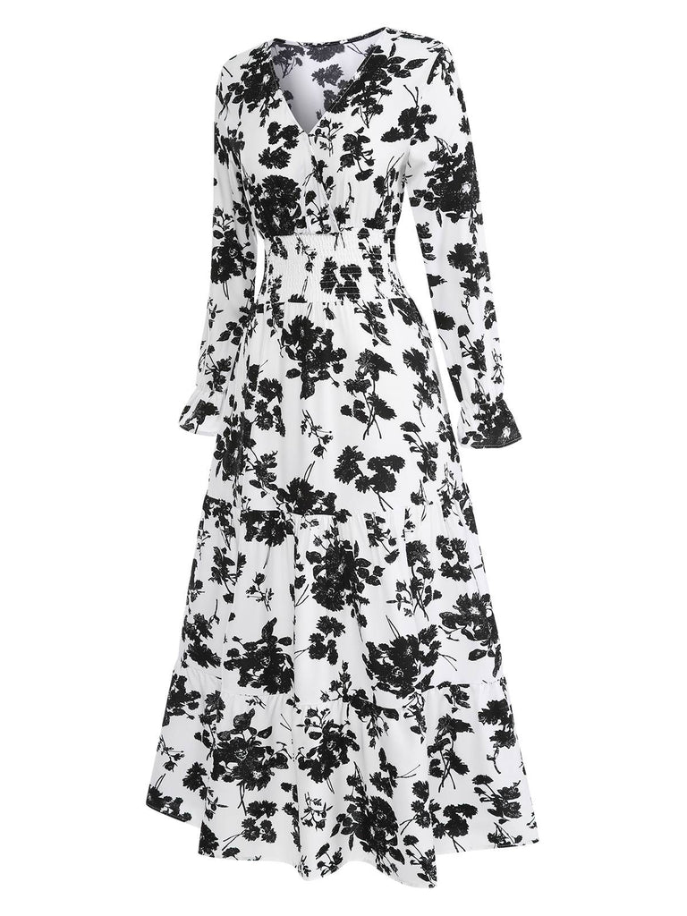 1930er Blumensilhouette V-Ausschnitt Maxi Kleid