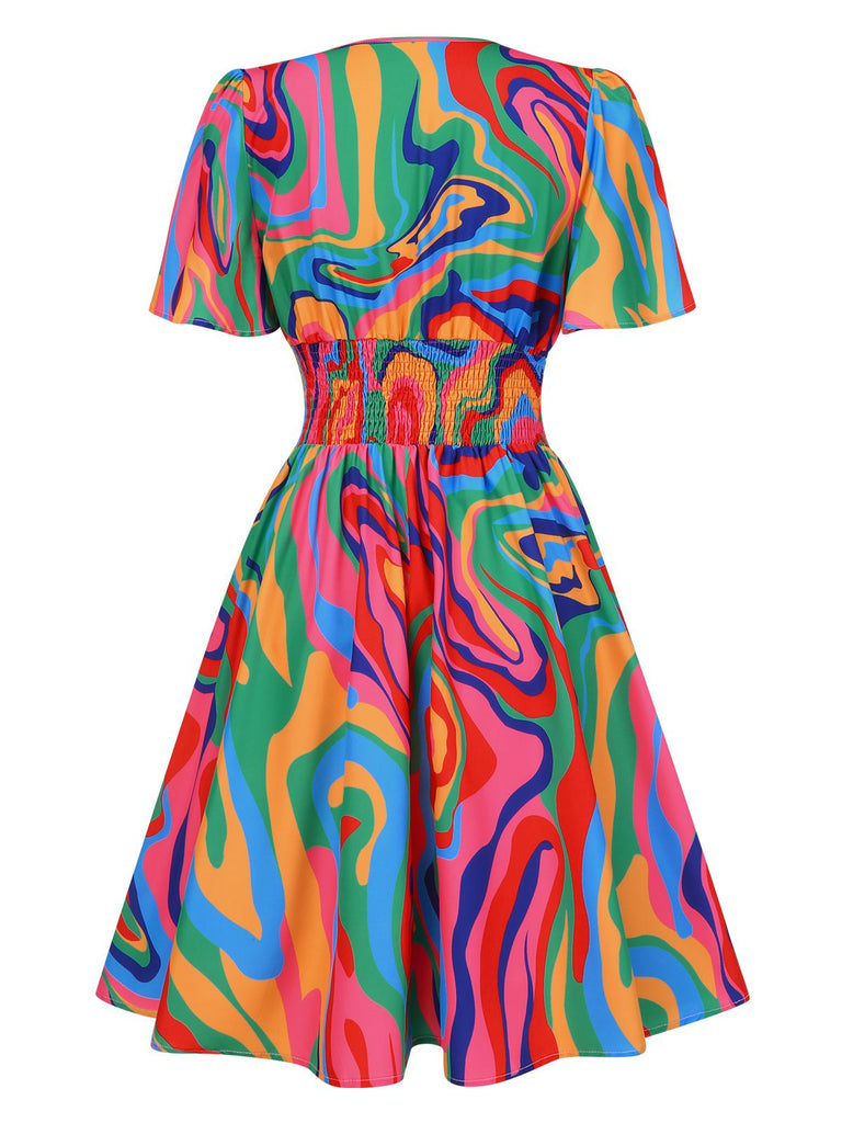 1970er Psychedelischer Druck V-Ausschnitt Kleid