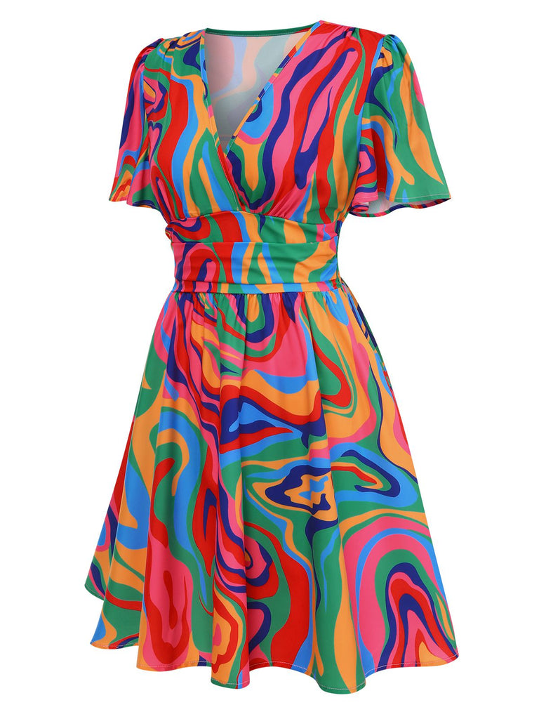 1970er Psychedelischer Druck V-Ausschnitt Kleid