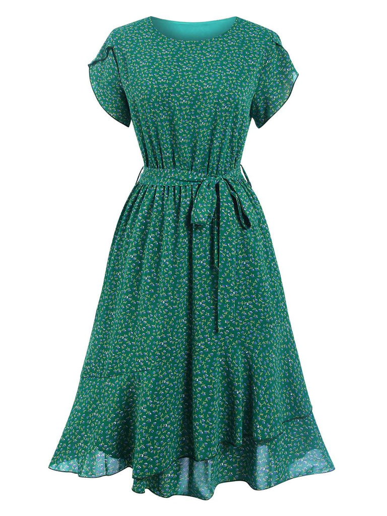 1940er Solide Blumen Rüschen Gürtel Kleid