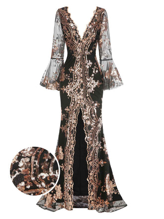 Schwarz 1930er Tiefer V-Ausschnitt Masche Pailletten Maxi Kleid