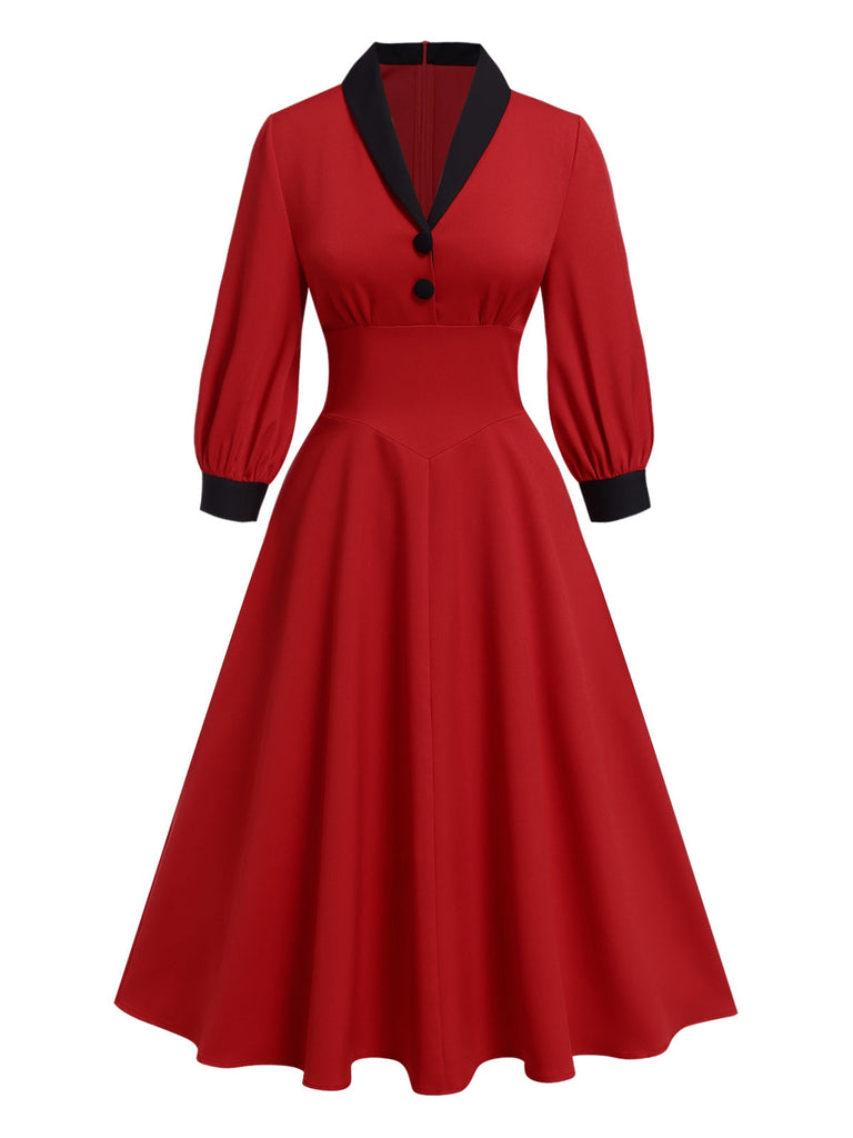 [Vorverkauf] Rot 1940er Kontrast Laternenärmel Revers Kleid