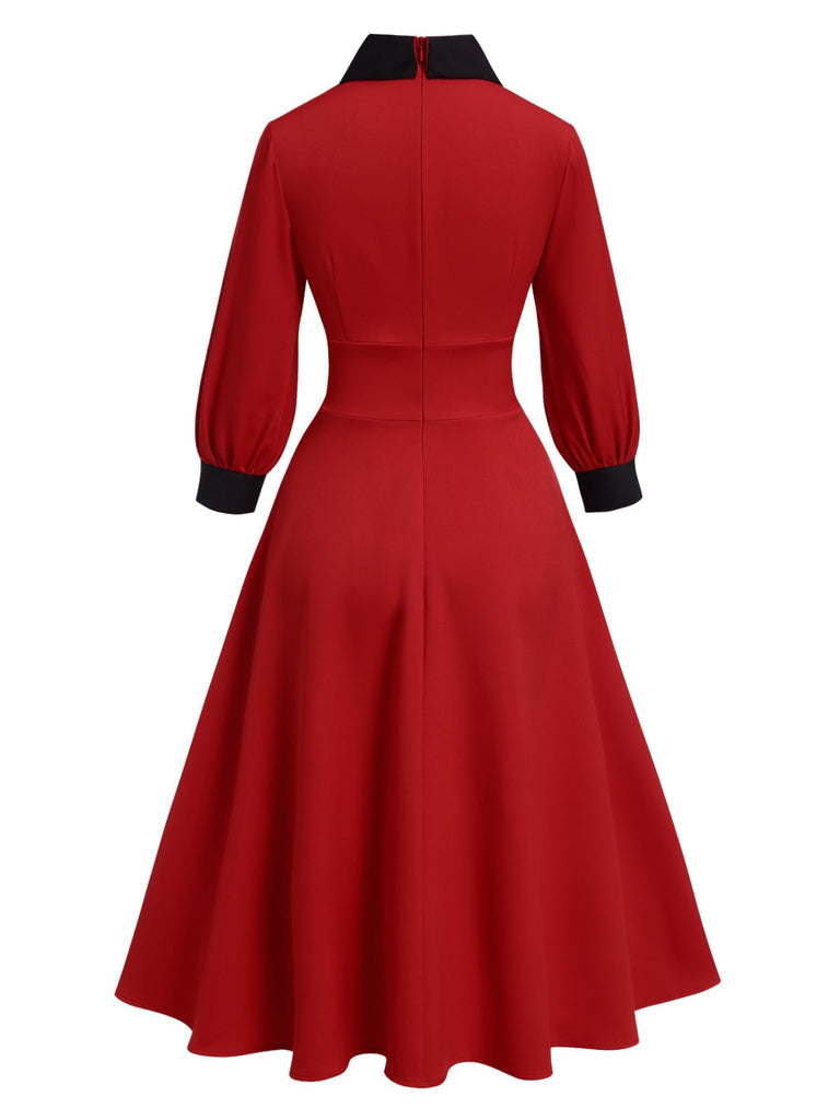 [Vorverkauf] Rot 1940er Kontrast Laternenärmel Revers Kleid