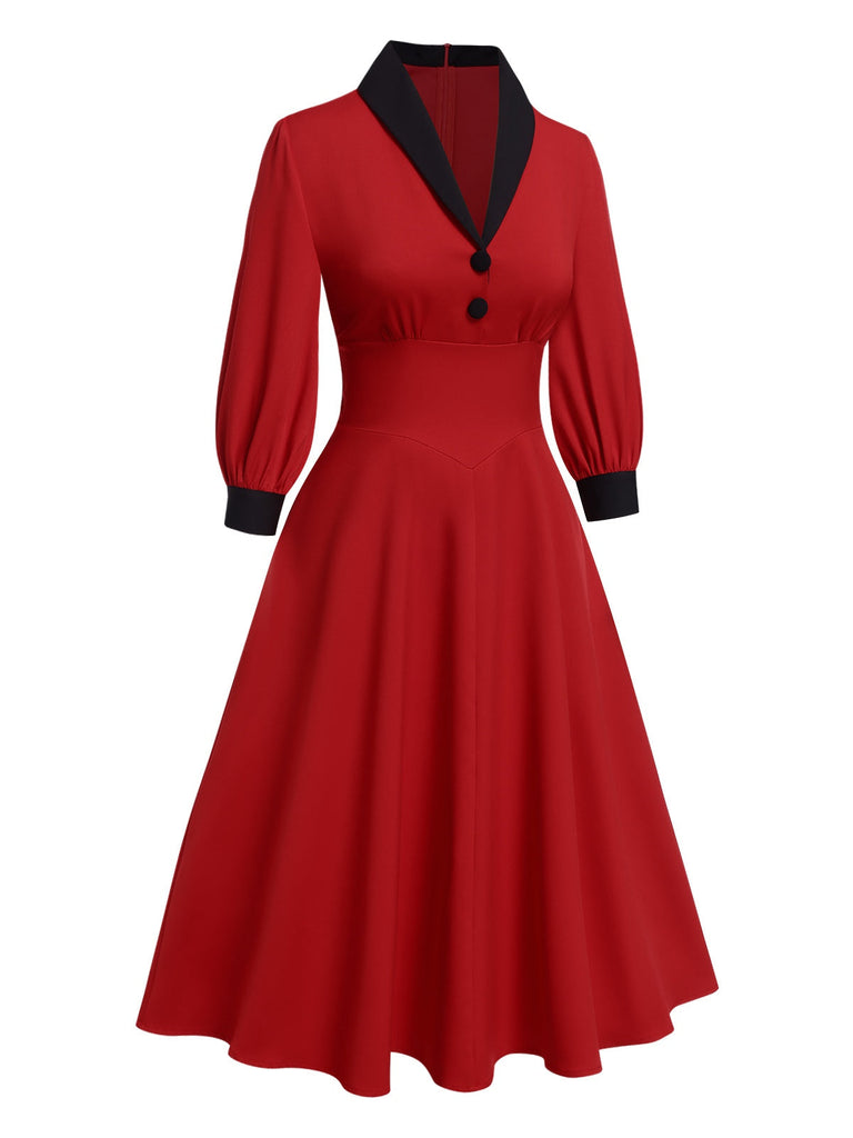 [Vorverkauf] Rot 1940er Kontrast Laternenärmel Revers Kleid