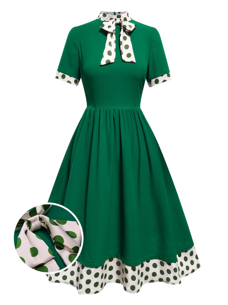 [Vorverkauf] Grün 1950er Krawattenhals Polka Dots Kleid