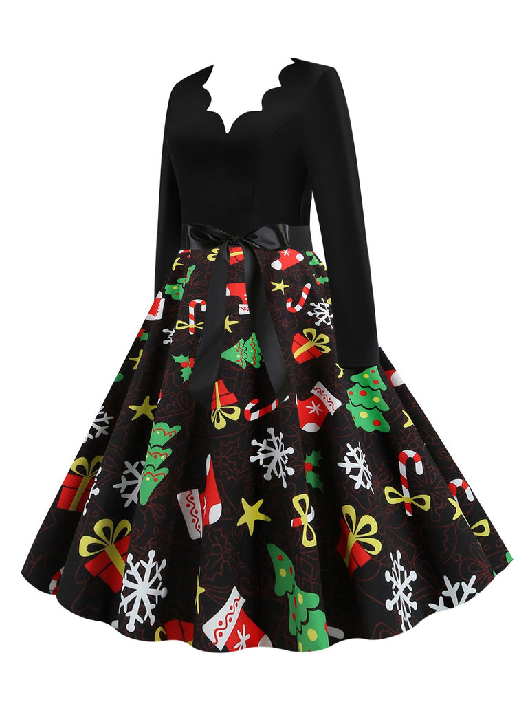 Schwarz 1950er Weihnachten Baum Gürtel Kleid