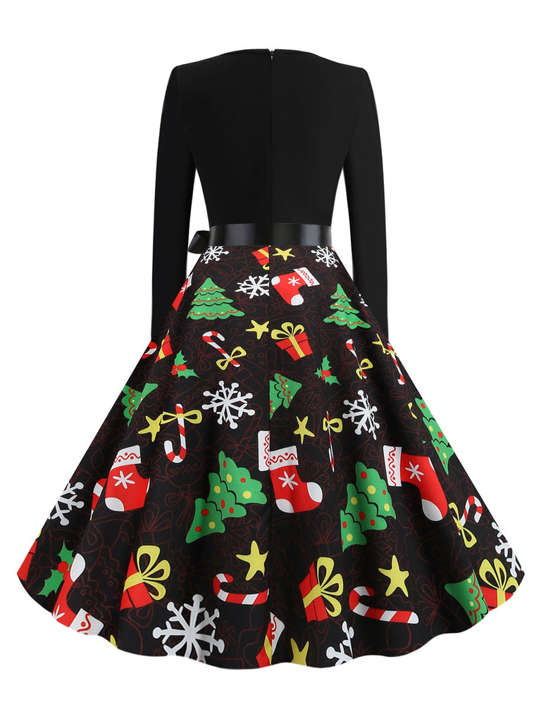 Schwarz 1950er Weihnachten Baum Gürtel Kleid