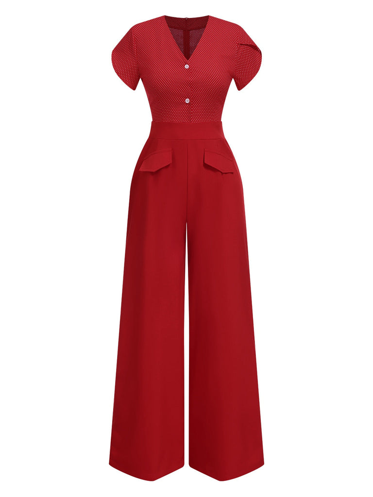 [Vorverkauf] Rot 1960er V-Ausschnitt Blütenblattärmel Dots Jumpsuit