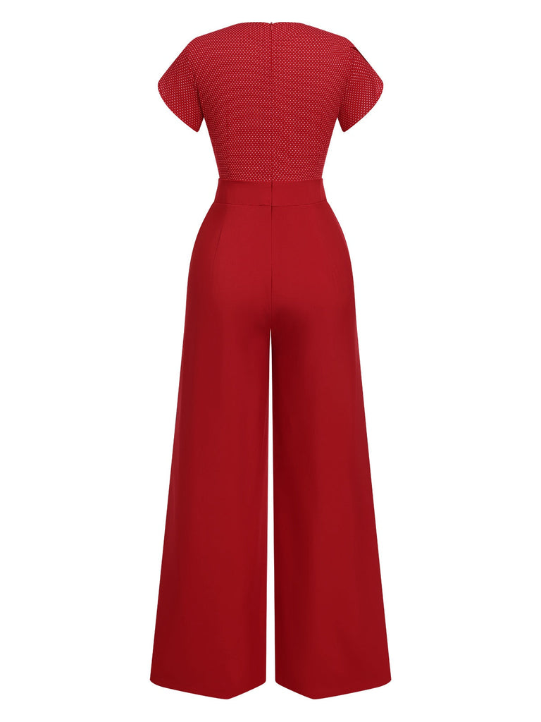 [Vorverkauf] Rot 1960er V-Ausschnitt Blütenblattärmel Dots Jumpsuit