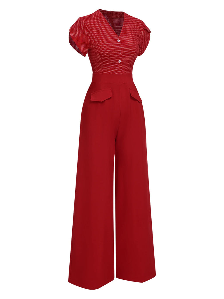 [Vorverkauf] Rot 1960er V-Ausschnitt Blütenblattärmel Dots Jumpsuit