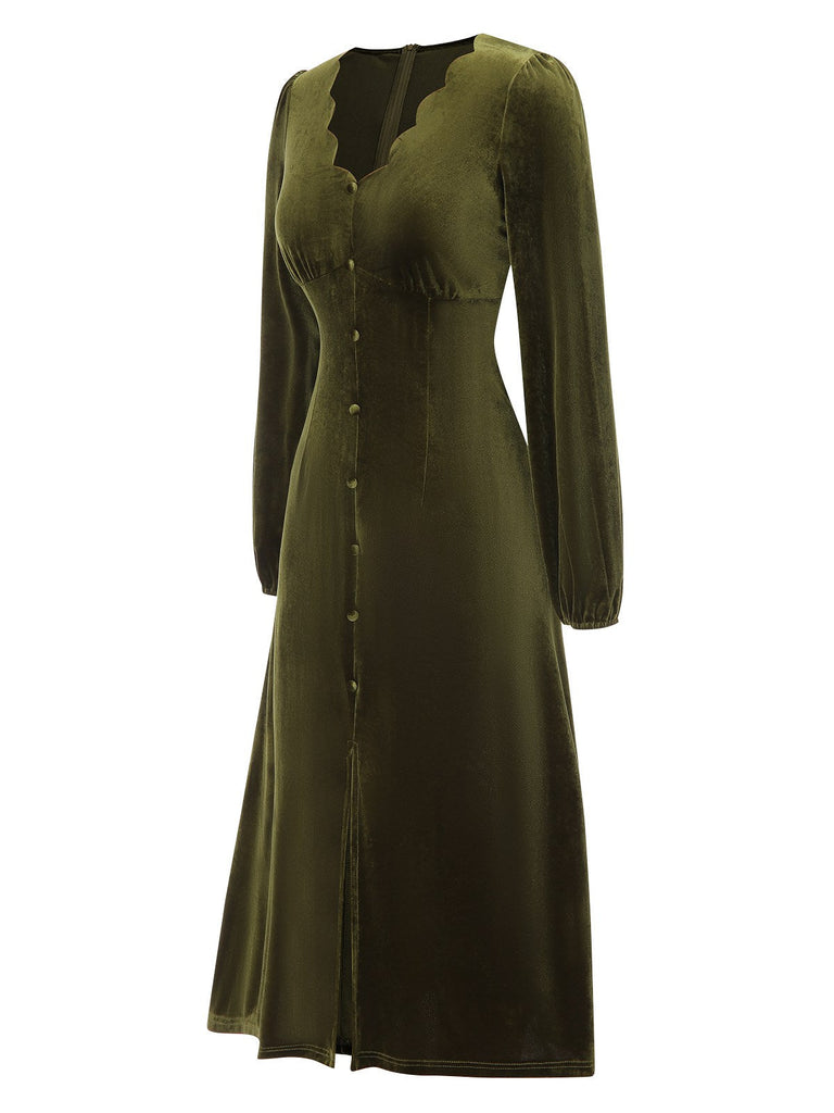 Grün 1940er Samt Blütenblattkragen Kleid