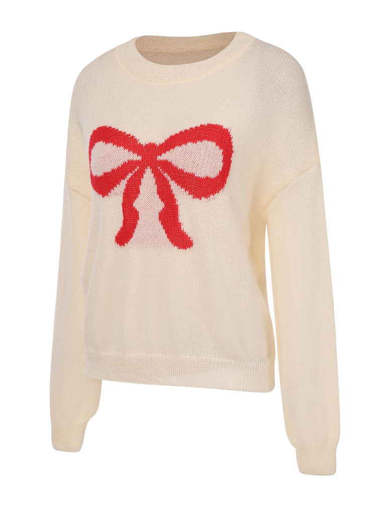 Beige 1970er Weihnachten Bogen Muster Pullover