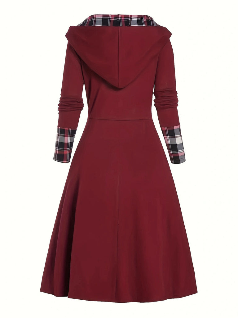 Weinrot 1950er Plaid Patchwork Kapuze Kleid