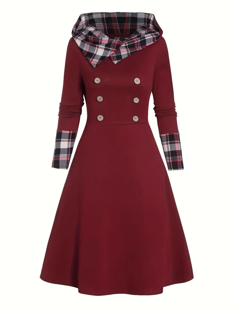 Weinrot 1950er Plaid Patchwork Kapuze Kleid