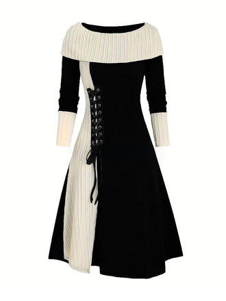 1940er Schnürung Farbblock Schulterfrei Kleid