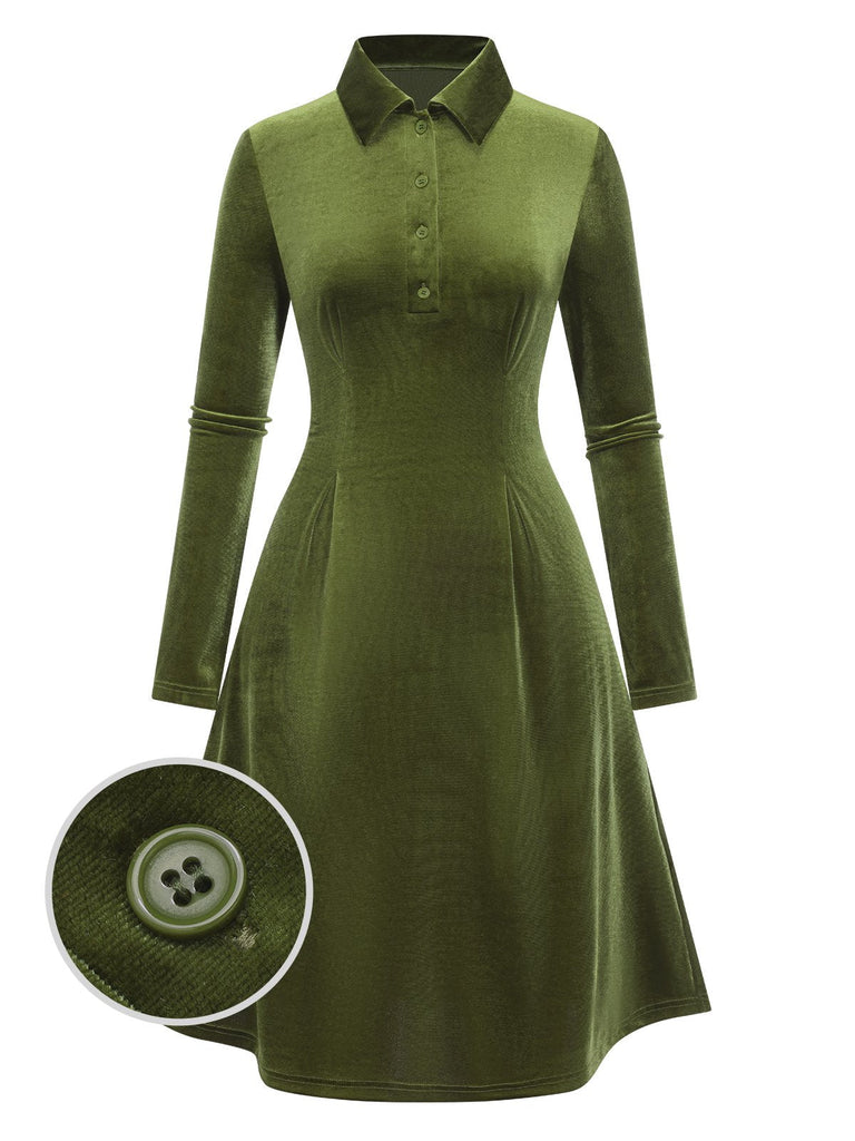 [Vorverkauf] Grün 1940er Solide Samt Hemdkragen Kleid