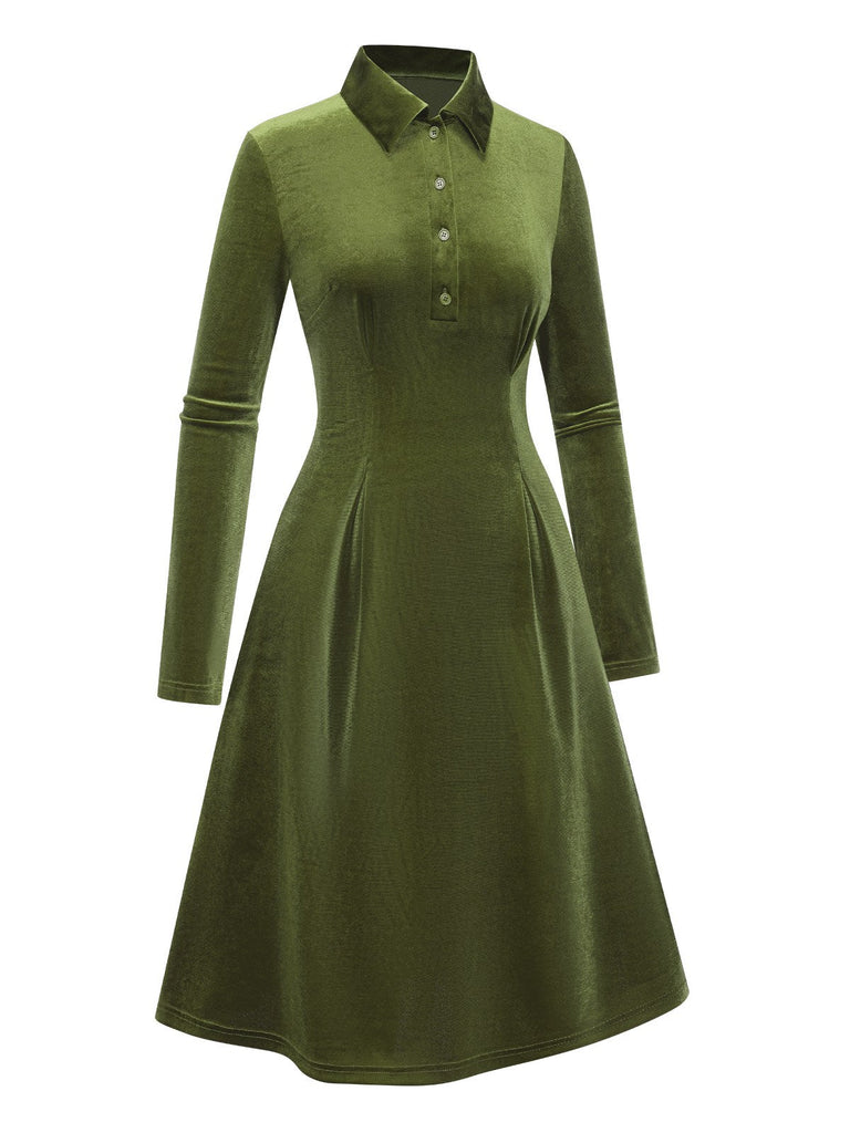 [Vorverkauf] Grün 1940er Solide Samt Hemdkragen Kleid