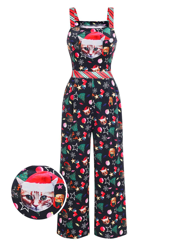 1940er Weihnachten Cat Spaghetti Träger Samt Jumpsuit