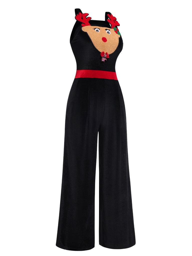 Schwarz 1940er Weihnachten Elch Plüsch Samt Jumpsuit