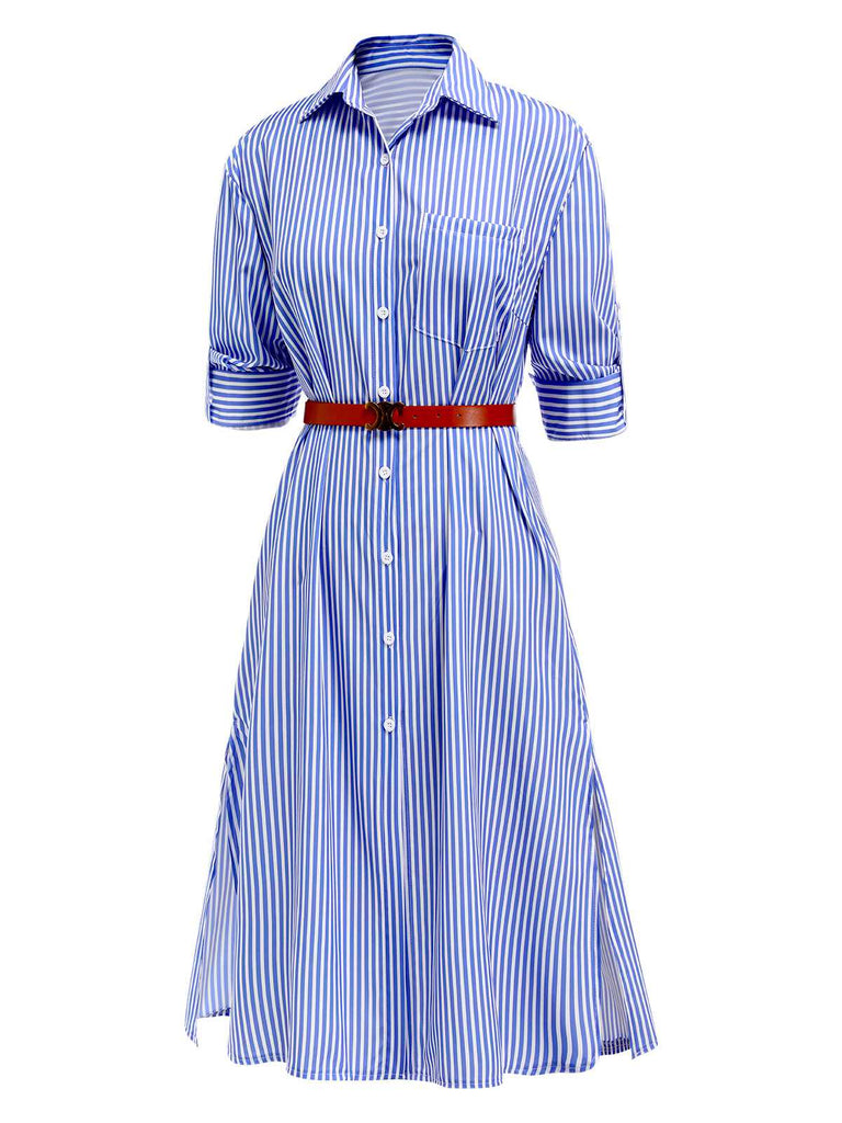 Blau 1940er Gerollte Ärmel Streifen Hemd Kleid