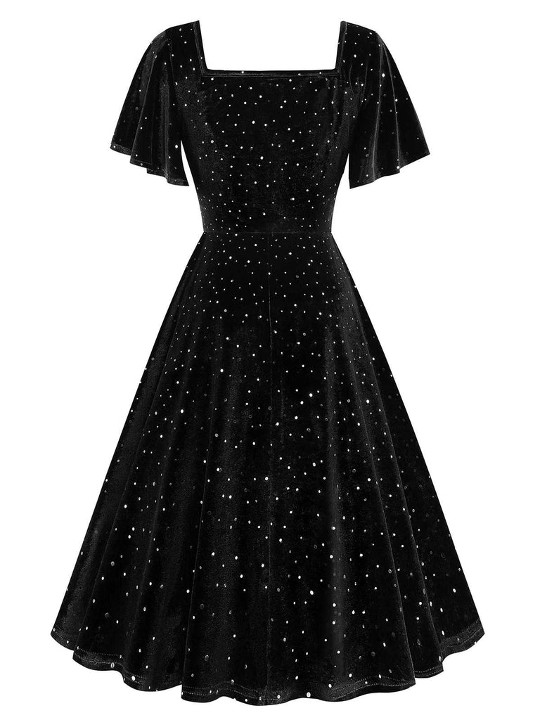 1950er Samt Funkelndes Solide A-Linie Kleid