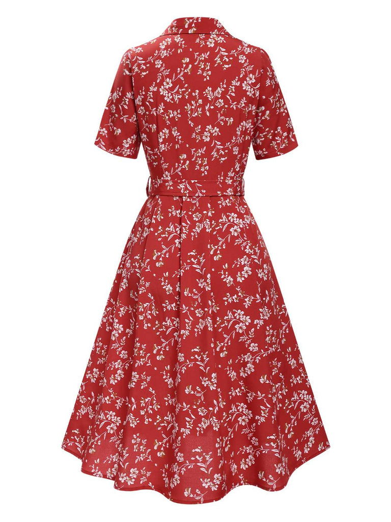 [Vorverkauf] Rot 1940er Blumen Revers Kleid