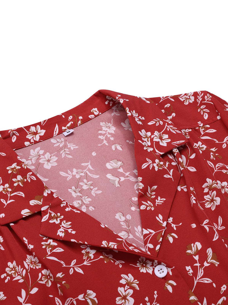 [Vorverkauf] Rot 1940er Blumen Revers Kleid