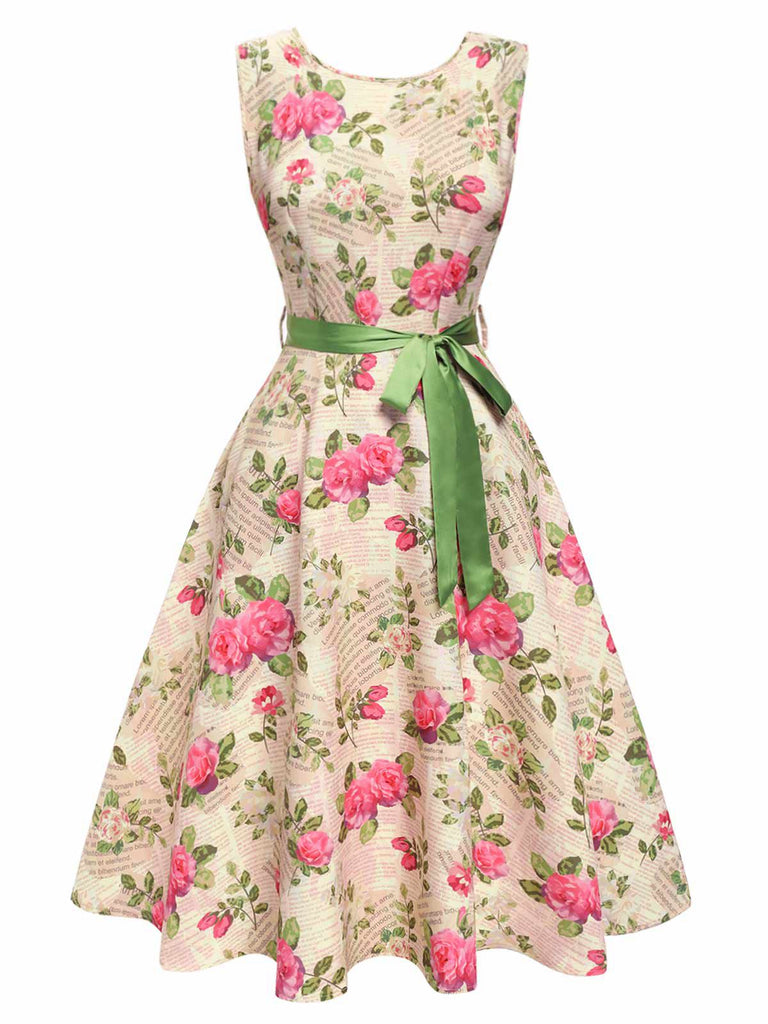 [Vorverkauf] Multicolor 1950er Rose Bildhaft Gürtel Kleid