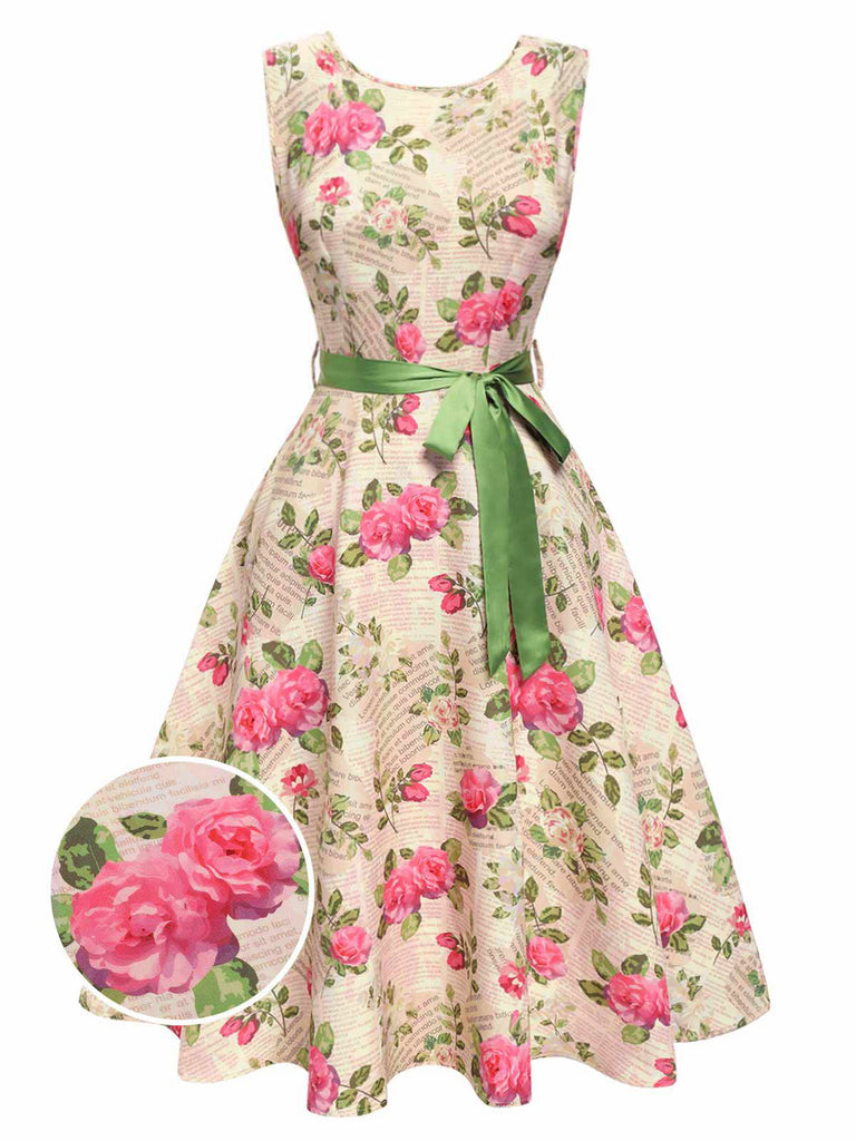 [Vorverkauf] Multicolor 1950er Rose Bildhaft Gürtel Kleid