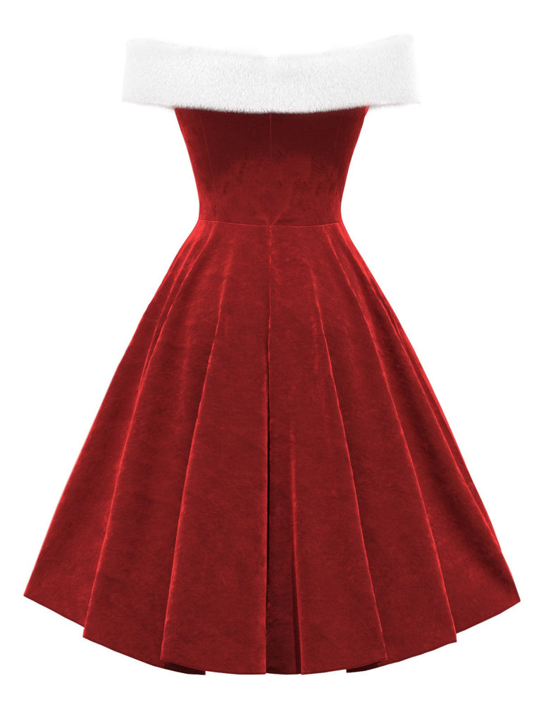 Rot 1950er Weihnachten Schulterfrei Samt Kleid