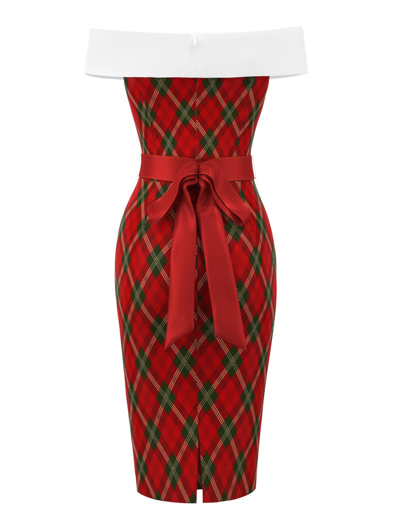 [Vorverkauf] Rot 1960er Weihnachten Plaid Silk Gürtel Kleid