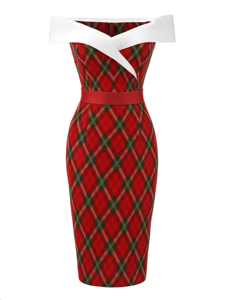 [Vorverkauf] Rot 1960er Weihnachten Plaid Silk Gürtel Kleid