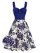 Blau 1950er Blumen Knöpfen Sweetheart-Kragen Kleid