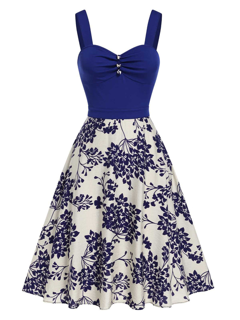 Blau 1950er Blumen Knöpfen Sweetheart-Kragen Kleid