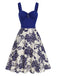 Blau 1950er Blumen Knöpfen Sweetheart-Kragen Kleid