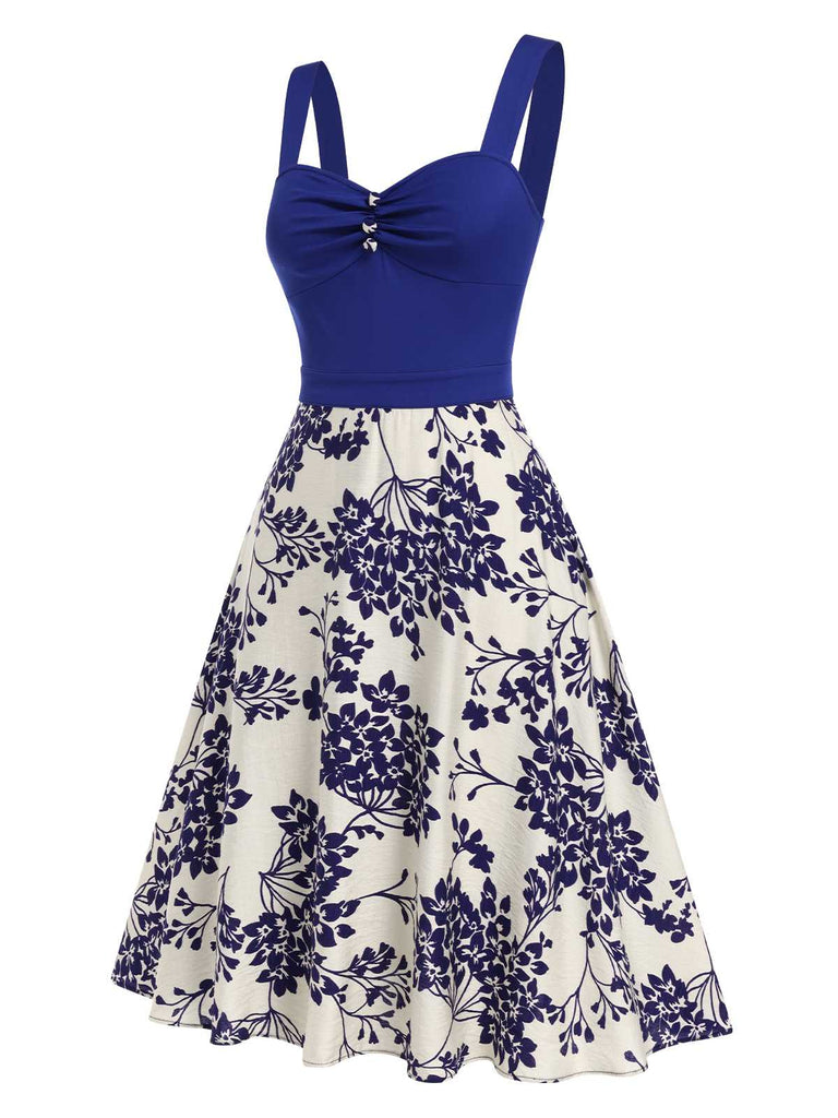 Blau 1950er Blumen Knöpfen Sweetheart-Kragen Kleid