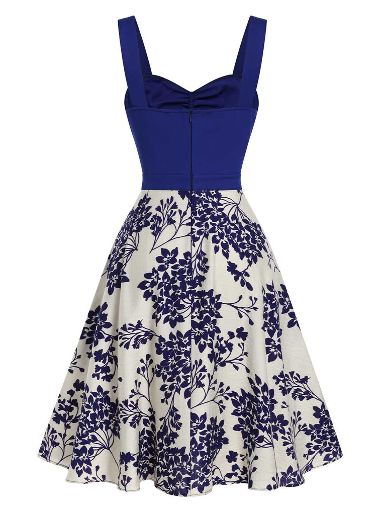 Blau 1950er Blumen Knöpfen Sweetheart-Kragen Kleid