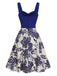 Blau 1950er Blumen Knöpfen Sweetheart-Kragen Kleid