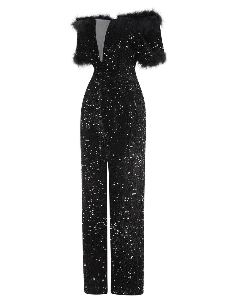 Schwarz 1980er V-Ausschnitt Feder Pailletten Jumpsuit