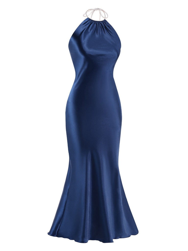 Dunkelblau 1930er Satin Halter Meerjungfrauenkleid