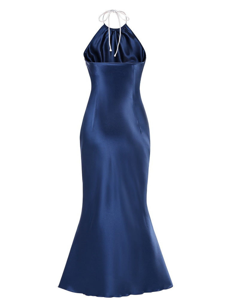 Dunkelblau 1930er Satin Halter Meerjungfrauenkleid