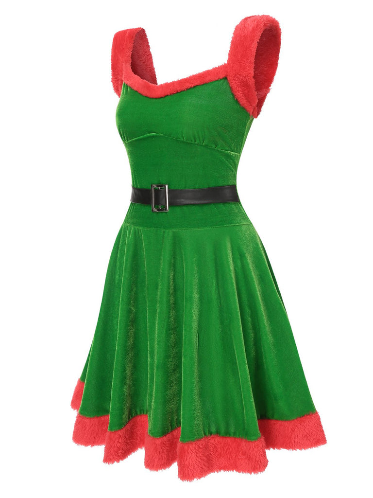 1940er Weihnachten Kunstpelz Samt Swing Kleid