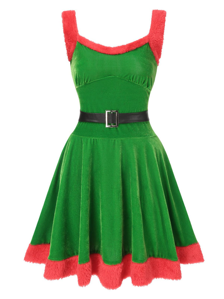 1940er Weihnachten Kunstpelz Samt Swing Kleid