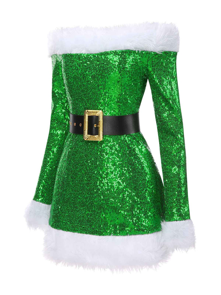 Grün 1960er Weihnachten Plüsch Pailletten Patchwork Kleid