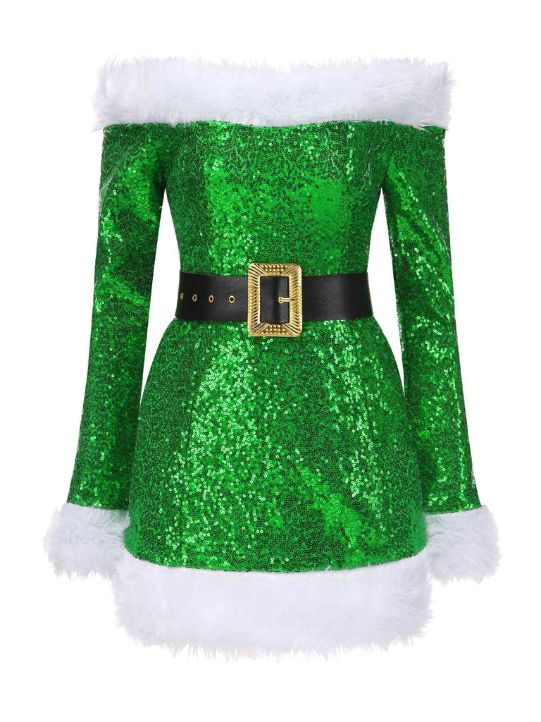 Grün 1960er Weihnachten Plüsch Pailletten Patchwork Kleid