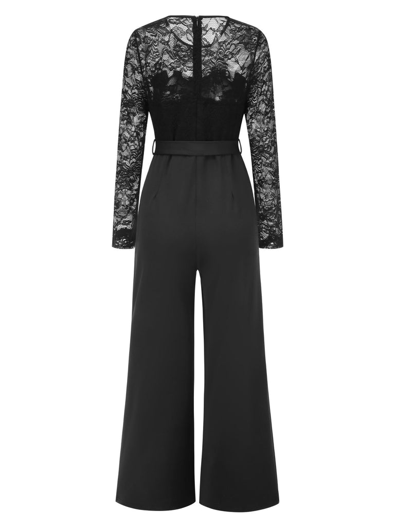 Schwarz 1940er Solide Spitze Patchwork Jumpsuit