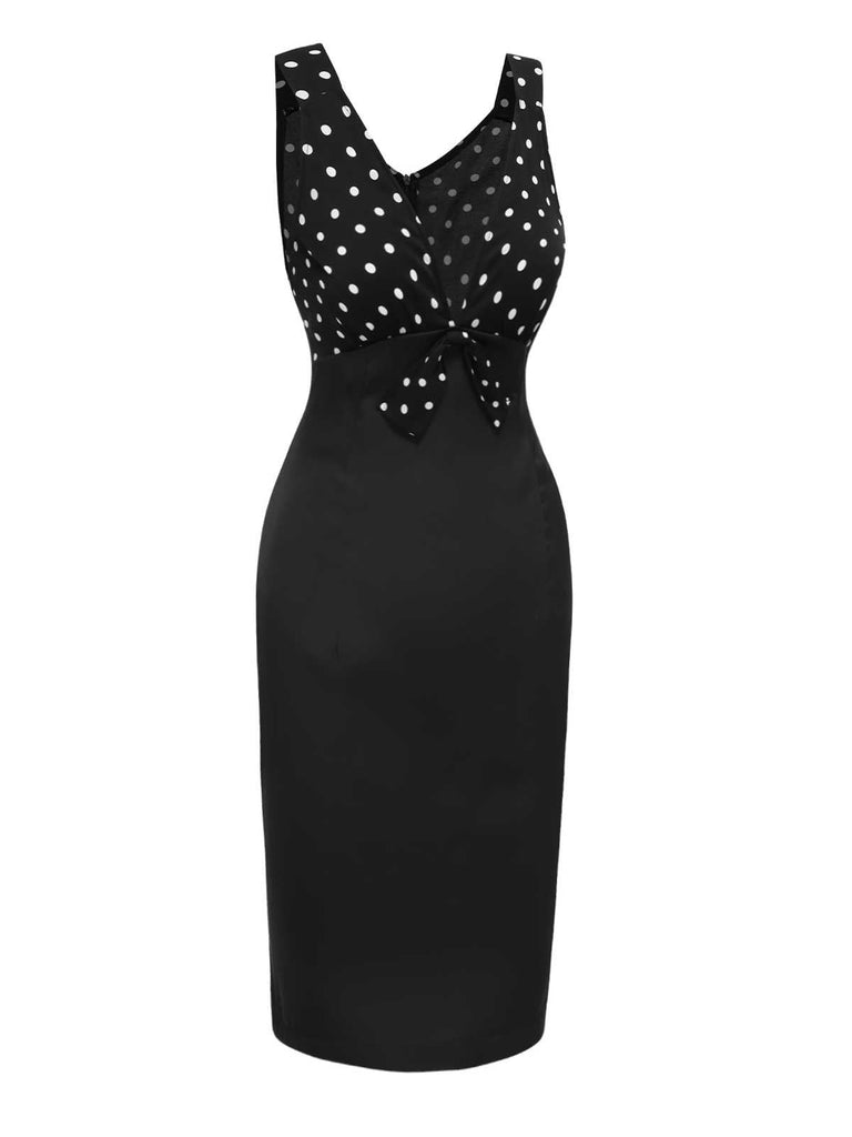 [Vorverkauf] Schwarz 1960er Träger V-Ausschnitt Bogen Polka Dots Kleid