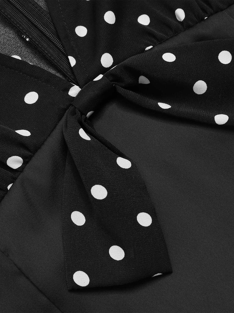 [Vorverkauf] Schwarz 1960er Träger V-Ausschnitt Bogen Polka Dots Kleid